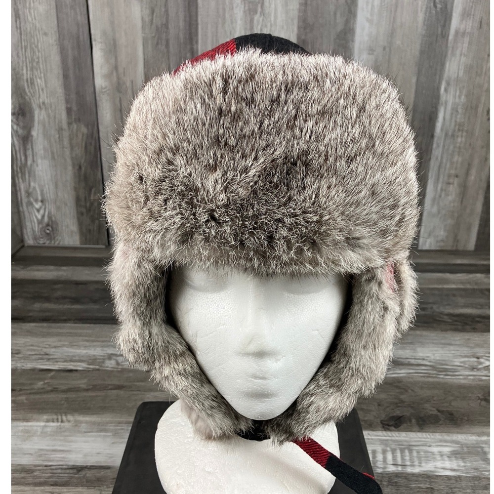 Yukon Tracks Red Buffalo Plaid Trapper Hat Genuine Rabbit Fur Trim Medium